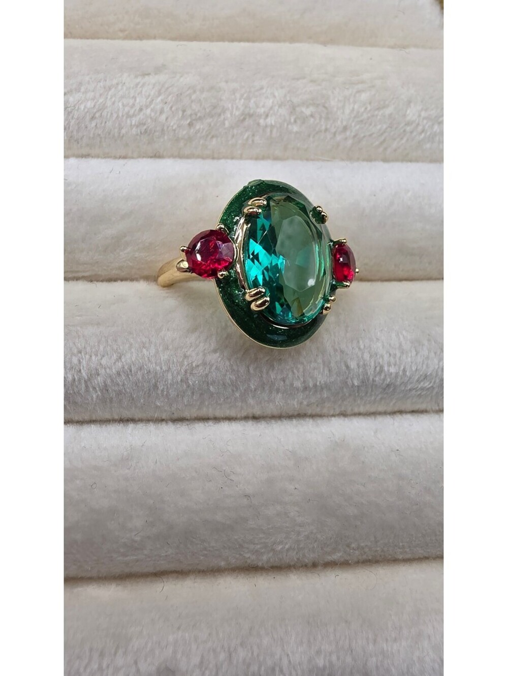 Vintage Style Art Deco Ring 18K Gold Plated Copper Oval Synthetic Emerald Size 9
